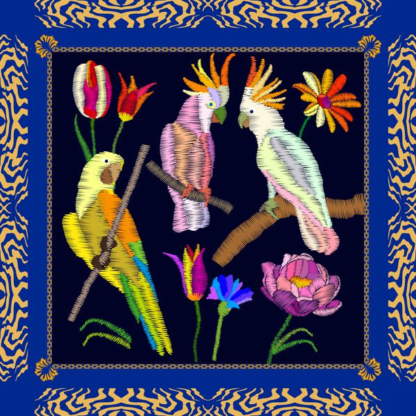 گلدوزی طوطی آمازون الگوی شالیک ابریشمی با کاکتو و گل ترکیب قاب رنگارنگ با نقوش بوهمی
