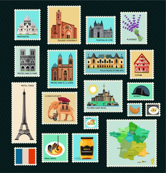 تمبرهای مسافرتی فرانسه نشانه های فرانسه تصویر برداری