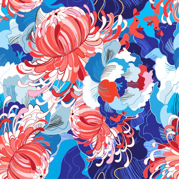 الگوی بدون درز تابستان تابستان با گل های مختلف آبی و قرمز