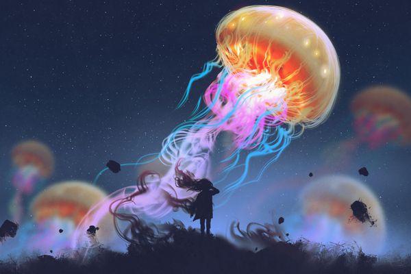 دختر شبح به دنبال چتر دریایی غول پیکر در آسمان سبک هنر دیجیتال نقاشی تصویر