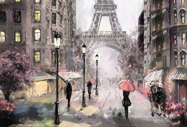 نقاشی روی نقاشی روی نقاشی نمای خیابان پاریس اثر هنری برج ایفل مردم تحت چتر صورتی درخت فرانسه