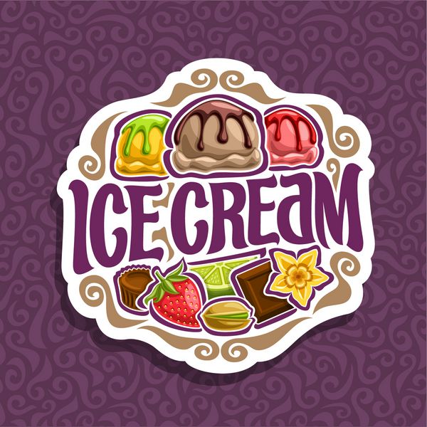 آرم بروشور برای بستنی 3 توپ شفاف رنگارنگ از سس شکلات ذوب شده بستنی در نشانه عنوان نامه نشانه بستنی پشته میوه با پسته و وانیل در الگوی بدون درز بنفش