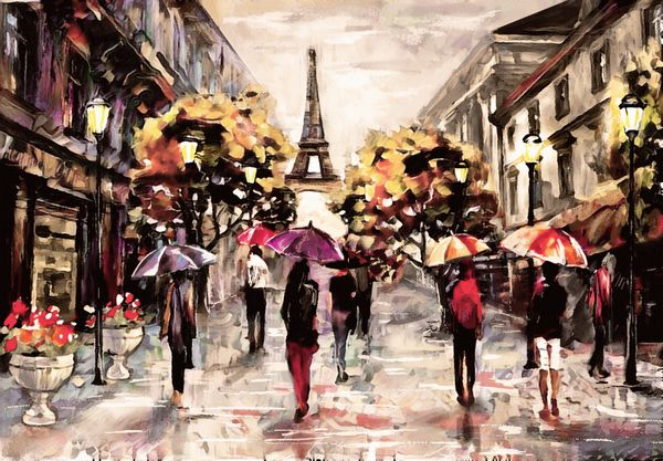 نقاشی روی نقاشی روی نقاشی نمای خیابان پاریس اثر هنری برج ایفل مردم زیر چتر قرمز و بنفش درخت فرانسه