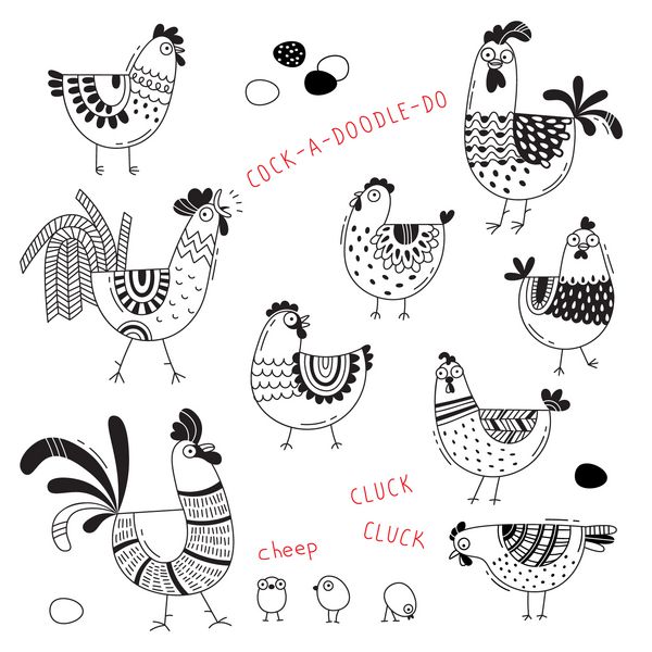تصویر برداری از جوجه ها مرغ ها گاو تخم مرغ در سبک کارتونی هنر خط عناصر برای طراحی پوشش بسته بندی مواد غذایی بنر تبلیغاتی کارت
