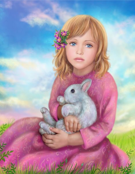 دختر کوچولو با خرگوش تصویر طبیعت تابستان
