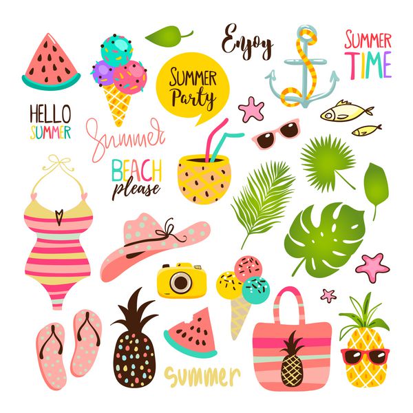 تابستان با عناصر سفر دست کشیده شده است بستنی هندوانه برگ کلاه صندل آناناس کیسه خوشنویسی و غیره تصویر برداری