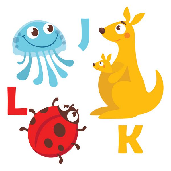 تصویر برداری از حیوانات کارتونی طراحی الفبایی در سبک رنگارنگ کارت آموزشی برای کودکان نامه J K L Jellyfish kangaroo بانوی اشکال