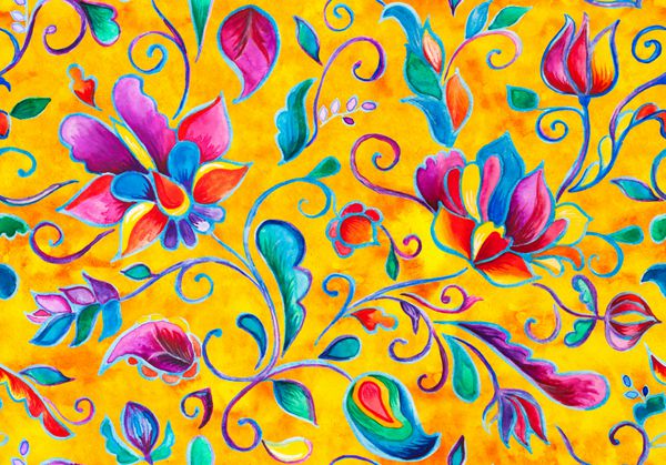 آبرنگ دست نقاشی الگوی بدون درز گل شرقی گل های رنگارنگ پرتقال زرد رنگ غلیظ برگ ناله ها تصویر پازلی تزئینی سنتی عربی برای طراحی کاشی های سرامیکی