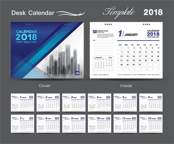 تنظیم تقویم تقویم 2018 طراحی قالب پوشش آبی مجموعه ای از 12 ماه شروع هفته یکشنبه
