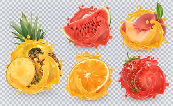 توت فرنگی آناناس نارنجی هندوانه آب هلو میوه های تازه و splashes 3D آیکون مجموعه ای