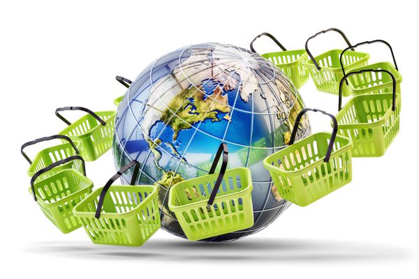 خرید آنلاین خرید اینترنتی و مفهوم تجارت الکترونیک سبد خرید سبز در سراسر جهان زمین جدا شده بر روی زمینه سفید تصویر 3D عناصر این تصویر مبله شده توسط ناسا