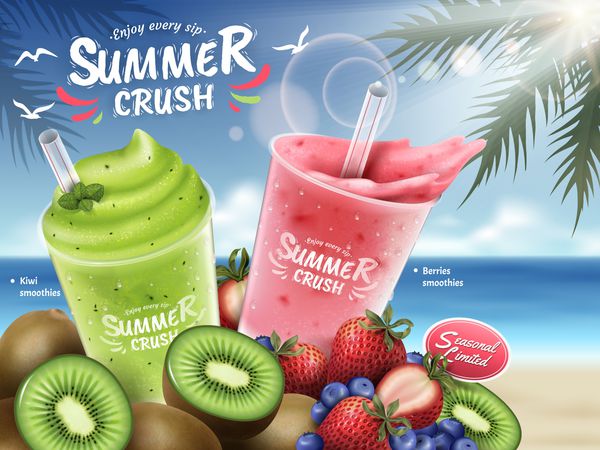 کوکی های میوه تبلیغاتی کیوی و توت کوکی سوگواری و دسته میوه های جدا شده در پس زمینه ساحل بوکه در 3D تصویر