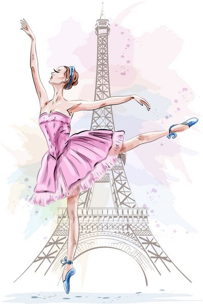 بالن زیبا نما و در برج برج ایفل دست کشیده دختر باله طرح تصویر برداری