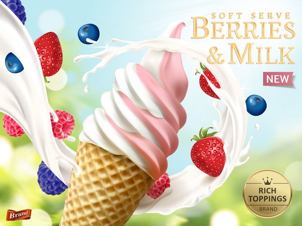 توت و شیر نرم در خدمت آگهی ها طراوت الگو قالب بستنی میوه با شیر جریان و میوه های جدا شده بر روی زمینه bokeh در 3D تصویر
