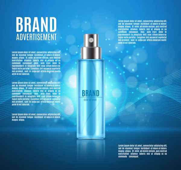 قالب تبلیغاتی لوازم آرایشی و بهداشتی اسپری بطری بر روی پس زمینه زرق و برق دار تصویر 3D طراحی برای تبلیغات یا مجله EPS10 بردار