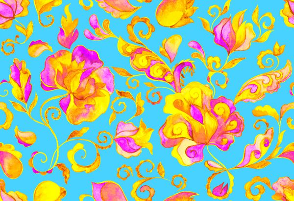 الگوی بدون درز گل گل آبرنگ دست کشیده شده کاشی کاری الگوی بدون درز رنگارنگ با گلهای نازک انتزاعی صورتی پازلی آپارتمان ارکیده لوتوس لیلی و برگ در زمینه آبی