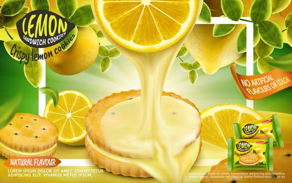 کوکی ها ساندویچ لیمو کوکی ها ترد با سس قطره ای از بخش لیمو جدا شده بر روی زمینه سبز با قاب سفید در تصویر 3d
