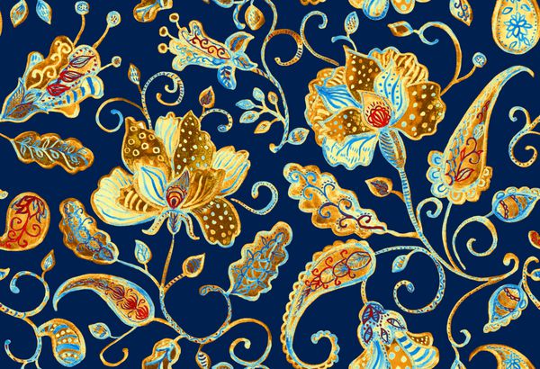 الگوی بدون درز گل گل آبرنگ دست کشیده شده کاشی کاری الگوی رنگارنگ بدون درز با گل های گرانج سبز طلایی انتزاعی لاله های نازک پازلی برگ در زمینه آبی مایل به آبی تیره برای طراحی چاپ