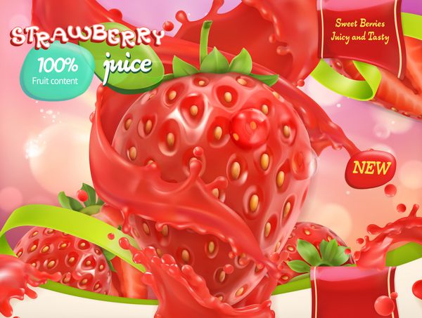 آب توت فرنگی میوه های شیرین و انواع توت ها بردار واقع بینانه 3D طراحی بسته بندی