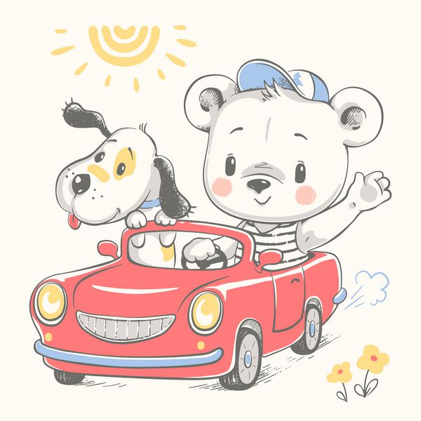 ماشین رانندگی خرس کودک خرس و یک تصویر کارتون سکه کارت کشیده شده می توان برای چاپ تی شرت کودک طراحی چاپ مد بچه ها هدایای جشن تولد نوزاد و کارت دعوت استفاده می شود