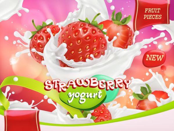 ماست توت فرنگی میوه ها و چاشنی های شیر 3d طراحی واقعی بسته بردار