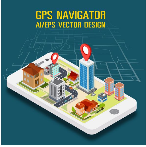 تخت 3 بعدی ایزومتریک GPS همراه نقشه بردار نقشه بردار شیشه ذرهبین جستجو پین سیگنال جهان