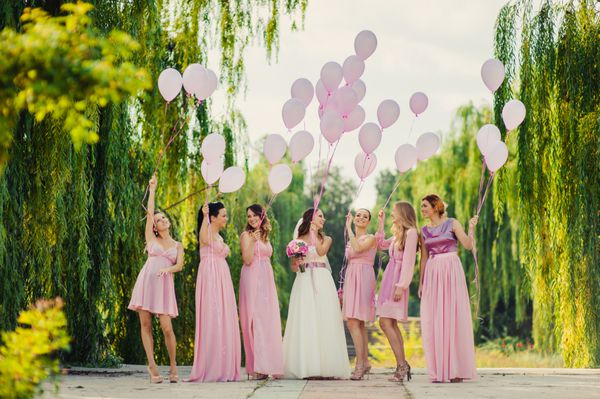 عروس با bridesmaids در لباس های صورتی برای پیاده روی