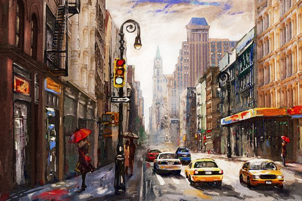 نقاشی بر روی بوم نمایش خیابانی نیویورک زن تحت چتر قرمز تاکسی زرد آثار هنری مدرن شهر آمریکایی تصویر نیویورک