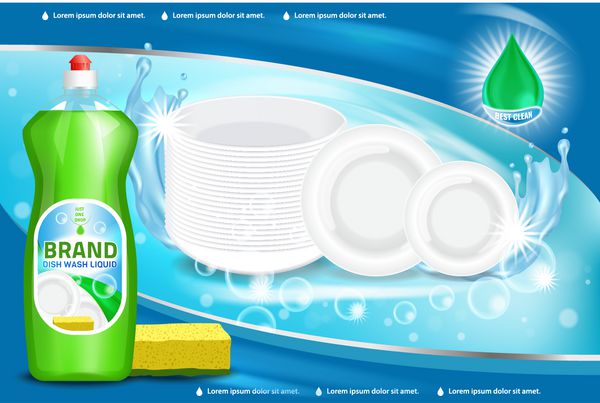 تصویر برداری 3d تصویر رنگ سبز مواد شستشو محصول تبلیغات طراحی برچسب بطری پلاستیکی مایع ظرفشویی یا صابون های ظرفشویی پوستر تبلیغاتی