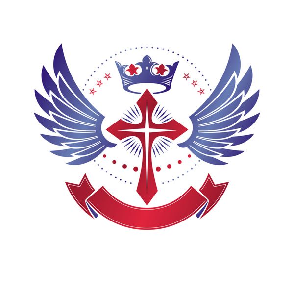 الماس بال کریسمس صلیبی که با تاج سلطنتی و روبان لوکس ساخته شده است علامت های تزئینی Heraldic Arms isolated illustration نماد تم دین و معنویت