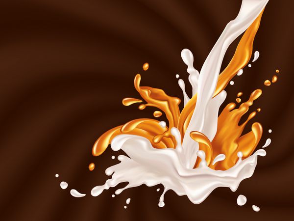 جریان شیر و کارامل سقوط واقعی و قطره و چلپ چلوپ در برابر پس زمینه امواج شکلات عنصر برای طراحی شما تصویر برداری