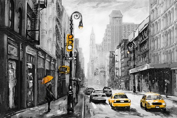 نقاشی بر روی بوم نمایش خیابانی نیویورک زن تحت چتر تاکسی زرد آثار هنری مدرن شهر آمریکایی تصویر نیویورک