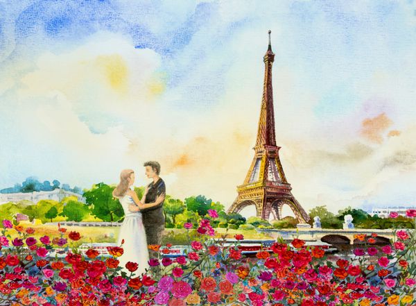 پاریس چشم انداز شهرستان اروپا فرانسه برج ایفل و زن و شوهر دوست داشتنی مرد زن در باغ گل رز قرمز هنر مدرن تصویر نقاشی آبرنگ عروسی روز تبریک دعوت نامه
