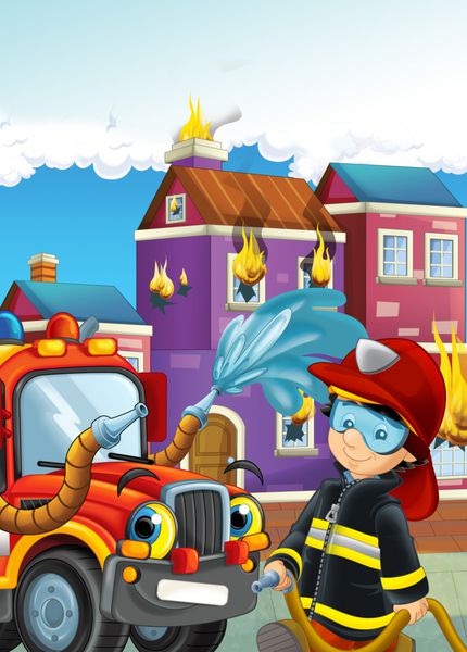 تصویر کارتونی با جنگنده آتش و ماشین در محل کار آتش زدن
