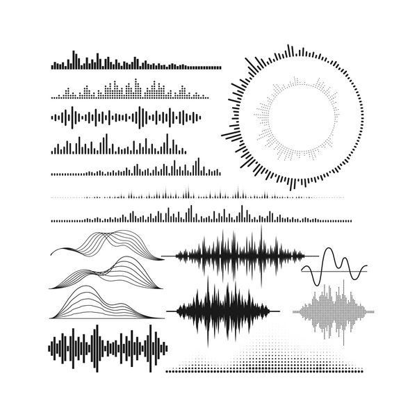 مجموعه ای از اشکال اکولایزر صوتی شکل موج صدا تجسم گرافیکی موسیقی دیجیتال عناصر HUD برای طراحی تصویر برداری بردار