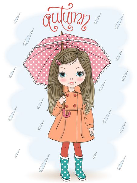 دست کشیده زیبا زیبا دختر کوچک با چتر در پس زمینه با پاییزه کتیبه تصویر برداری