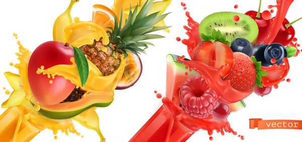 مزرعه میوه چلپ چلوپ آب میوه های گرمسیری شیرین و انواع توت های مخلوط انبه موز آناناس پاپایا توت فرنگی تمشک تمشک هندوانه 3D آیکون مجموعه ای واقعی واقع بینانه