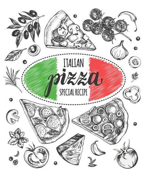 مجموعه ای از قطعات پیتزا خوشمزه و مواد پیتزا مجموعه عناصر غذایی بردار جوهر کشیده تصویر آشپزی ایتالیایی الگو برای منو تابلو کارت آگهی ها طراحی پوستر
