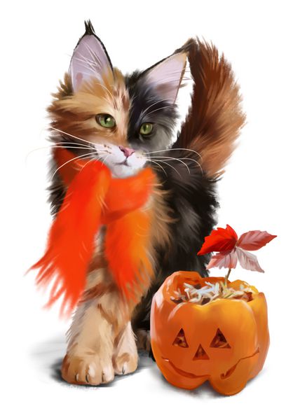 نقاشی آبرنگ هالووین گربه و کدو تنبل