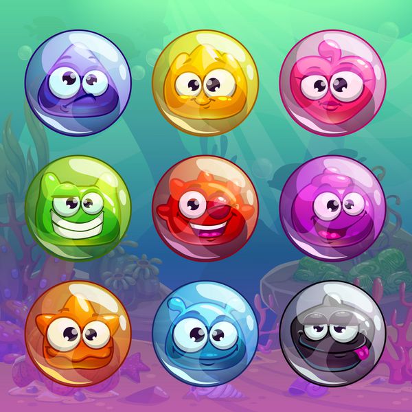 حباب های رنگارنگ شفاف با شخصیت های خنده دار در داخل دارایی های درخشان برای طراحی رابط کاربری آیکون های بازی خنده دار
