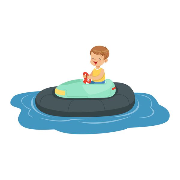 پسر ناز کوچک سواری قایق بچه ها سرگرم کننده در تصویر برداری کارتون پارک تفریحی