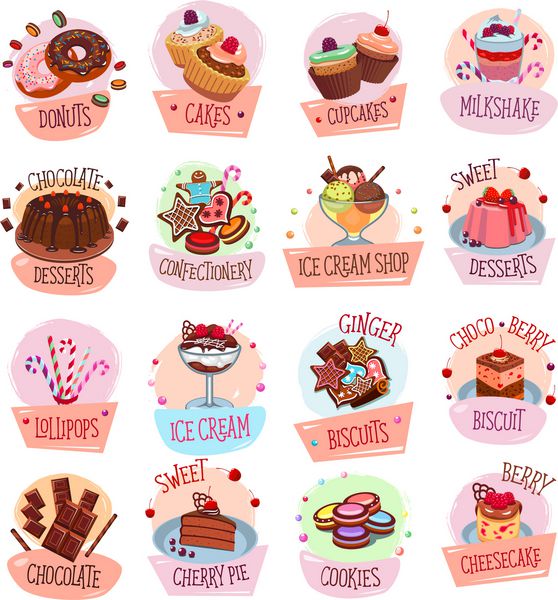 شیرینی مغازه نانوایی و نمادهای دسر برای منوی کافه تریا بردار مجموعه ای از انواع توت ها و کیک های میوه ای کیک شکلاتی یا کوکی ها و بیسکویت ها بستنی یا تیرامیسو و شیرینی ها و دونات