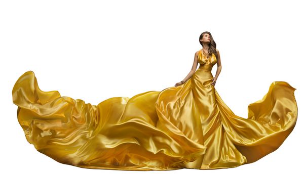 مدل مد لباس زن در لباس بلند پارچه ابریشمی طلایی دختر زیبا در سفید