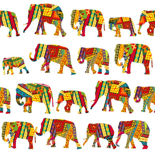 الگوی بدون درز با فیل ها در مضامین قومی در پس زمینه سفید