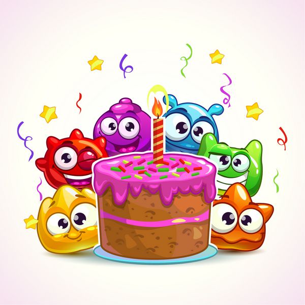 تصویر برداری تولدت مبارک با شخصیت های ژله ناز رنگارنگ و کیک تولد بزرگ قالب کارت یک ساله