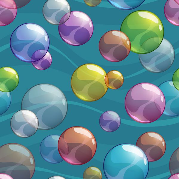 الگوی بدون درز با حباب های رنگارنگ شفاف در پس زمینه موجی بافت برداری