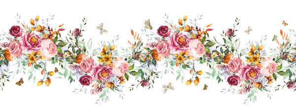 جدا شده مرز بدون درز با گل صورتی برگ الگوی گل گل آبرنگ با برگ و گل رز رنگ پاستل لبه گل بدون درز باند برای کارت عروسی و یا پارچه