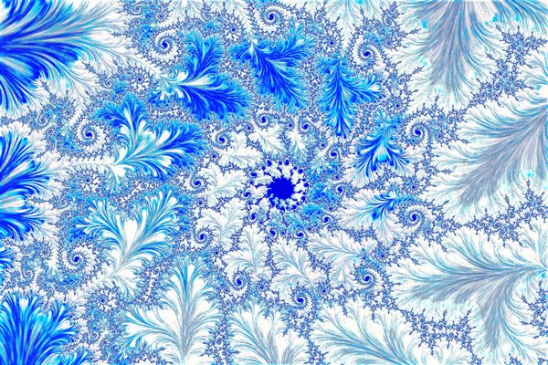 پس زمینه فرکتال سفید و آبی تصویر کامپیوتری انتزاعی هنر دیجیتال برگ و مارپیچی تشکیل یک قاب برای کارت طراحی وب پوشش می دهد