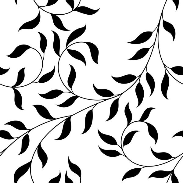 تصویر برداری بردار الگوی بدون درز شاخه های آجری فانتزی تزئینی سیاه و سفید و سفید با برگ