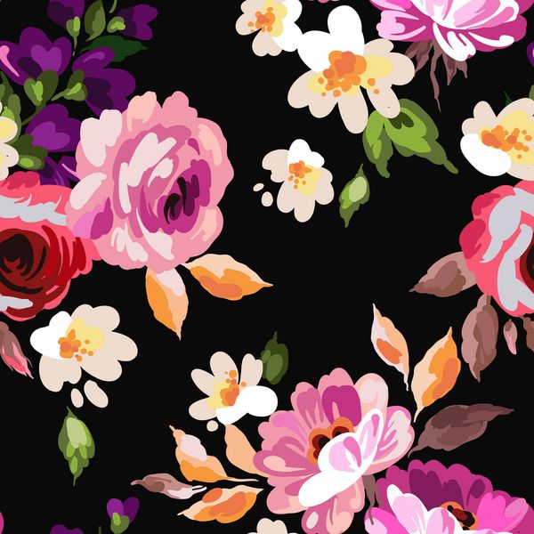 الگوی بدون درز گل زیبا با اثر آبرنگ تصویر برداری بردار گل شکوفه های گل های باغی